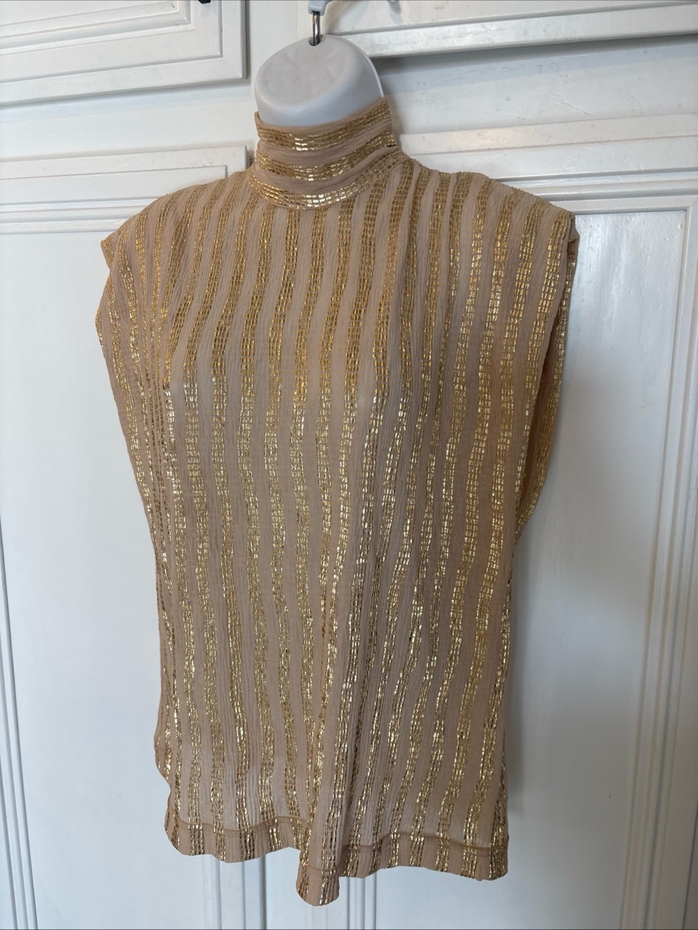 Anthropologie Sabina Musayev Gold Lame  Stripes Blouse  High Neck  EUC Sz Small